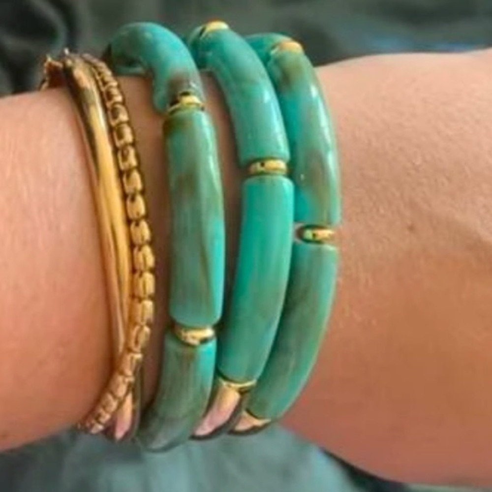 B2G1🌵Boho Turquoise Tube Bead & Gold Tone Stretch Stacking Bracelet NWT - Picture 15 of 15